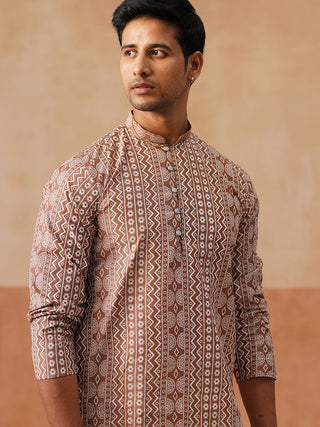 Geometric Print Silk Blend Straight Kurta Set for Men