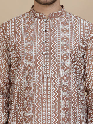 Geometric Print Silk Blend Straight Kurta Set for Men