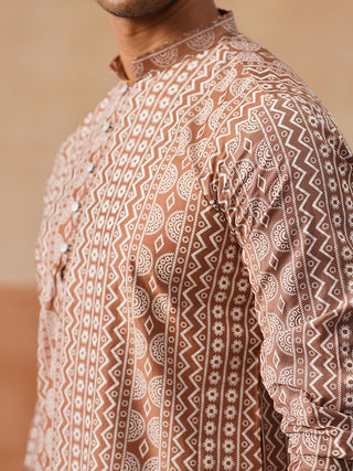 Geometric Print Silk Blend Straight Kurta Set for Men
