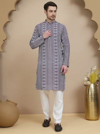 Geometric Print Silk Blend Straight Kurta Set for Men