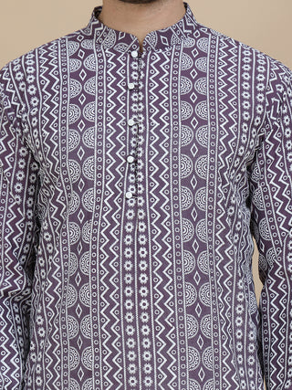 Geometric Print Silk Blend Straight Kurta Set for Men
