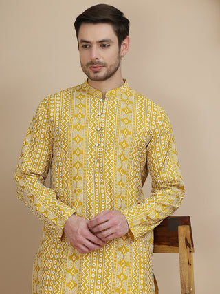 Geometric Print Silk Blend Straight Kurta Set for Men