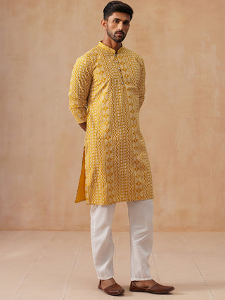 Geometric Print Silk Blend Straight Kurta Set for Men