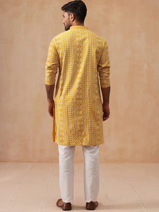 Geometric Print Silk Blend Straight Kurta Set for Men