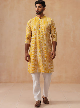 Geometric Print Silk Blend Straight Kurta Set for Men