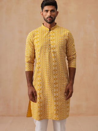 Geometric Print Silk Blend Straight Kurta Set for Men