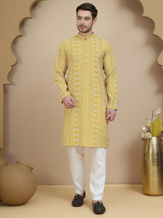 Geometric Print Silk Blend Straight Kurta Set for Men