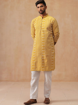 Geometric Print Silk Blend Straight Kurta Set for Men