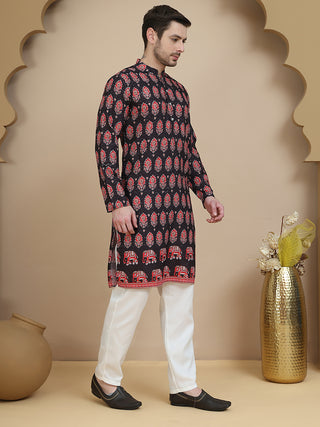 Printed Silk Blend Straight Kurta Set for Men
