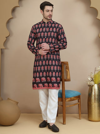 Printed Silk Blend Straight Kurta Set for Men