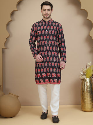 Printed Silk Blend Straight Kurta Set for Men