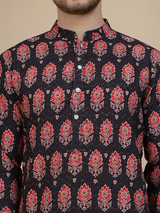 Printed Silk Blend Straight Kurta Set for Men