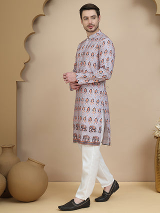 Printed Silk Blend Straight Kurta Set for Men