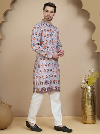 Printed Silk Blend Straight Kurta Set for Men