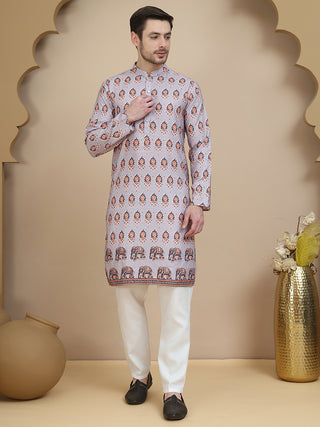 Printed Silk Blend Straight Kurta Set for Men