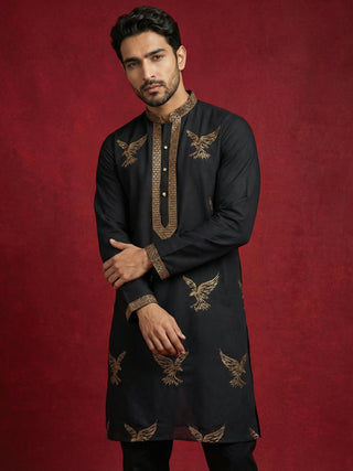 Silk Blend Kurta Pyjama Set with Golden Eagle Embroidery