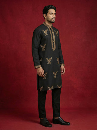 Silk Blend Kurta Pyjama Set with Golden Eagle Embroidery