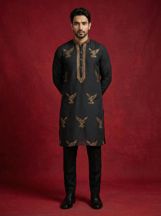 Silk Blend Kurta Pyjama Set with Golden Eagle Embroidery