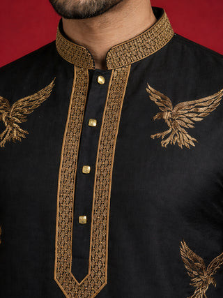 Silk Blend Kurta Pyjama Set with Golden Eagle Embroidery