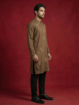 Silk Blend Kurta Pyjama Set with Golden Eagle Embroidery