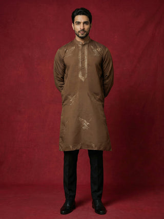 Silk Blend Kurta Pyjama Set with Golden Eagle Embroidery