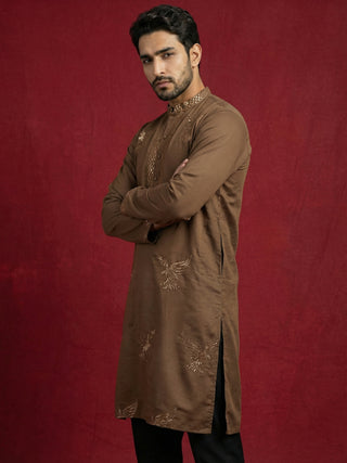 Silk Blend Kurta Pyjama Set with Golden Eagle Embroidery