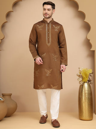 Silk Blend Kurta Pyjama Set with Golden Eagle Embroidery
