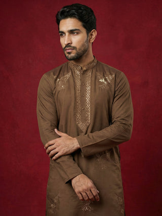 Silk Blend Kurta Pyjama Set with Golden Eagle Embroidery