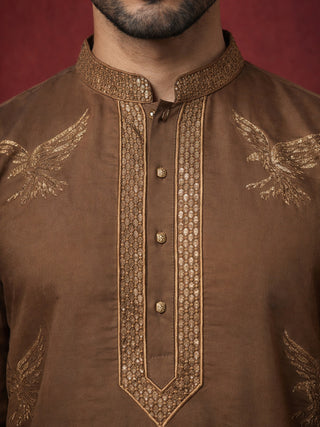 Silk Blend Kurta Pyjama Set with Golden Eagle Embroidery