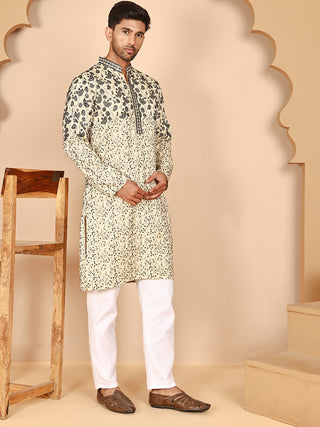 Men's Cream Embroidered Kurta Pyjama Set
