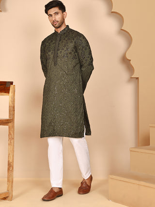 Men's Olive Embroidered Kurta Pyjama Set
