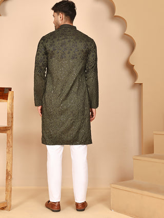 Men's Olive Embroidered Kurta Pyjama Set