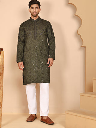 Men's Olive Embroidered Kurta Pyjama Set