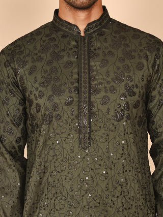 Men's Olive Embroidered Kurta Pyjama Set
