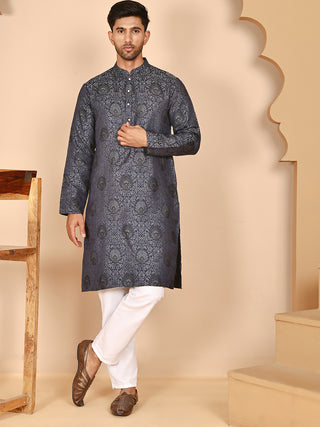 Grey Jacquard Silk Kurta Pyjama Set for Men