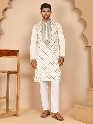 Classic White Embroidered Kurta Pyjama Set for Men