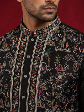 Silk Blend Kurta Set with Multicolor Embroidery