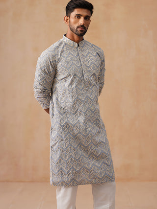 Floral Thread Embroidered Silk Blend Kurta Set