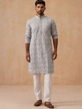 Floral Thread Embroidered Silk Blend Kurta Set