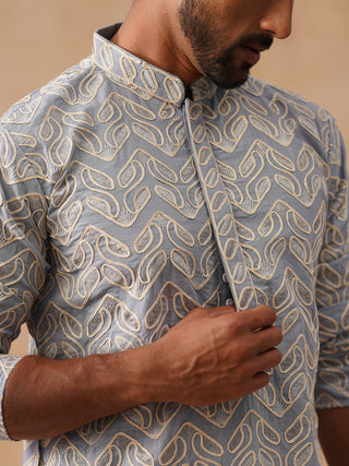 Floral Thread Embroidered Silk Blend Kurta Set