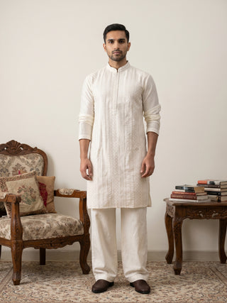 Embroidered Silk Blend Kurta with Korean Pants