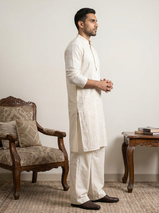 Embroidered Silk Blend Kurta with Korean Pants
