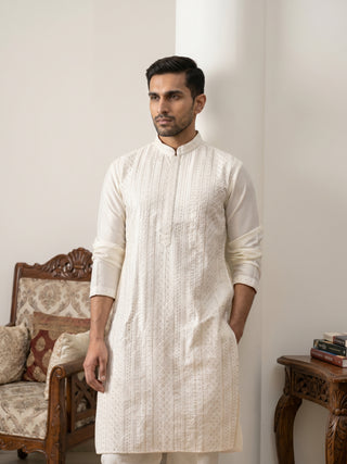 Embroidered Silk Blend Kurta with Korean Pants