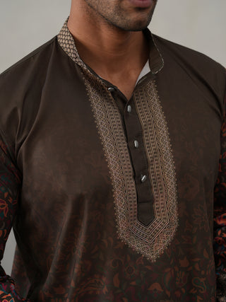Olive Floral Printed Kurta Pyjama for Men