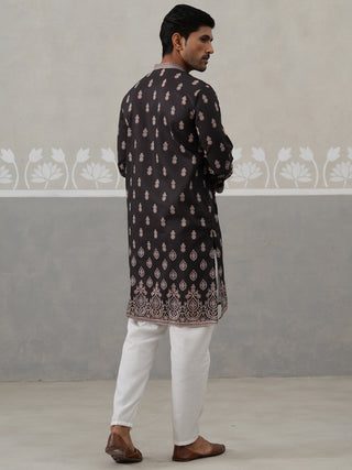 Men’s Ethnic Black Kurta Pajama Set with Traditional Print
