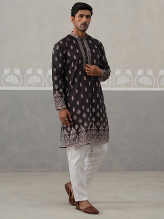 Men’s Ethnic Black Kurta Pajama Set with Traditional Print