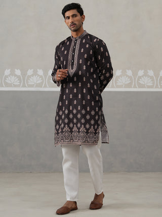 Men’s Ethnic Black Kurta Pajama Set with Traditional Print