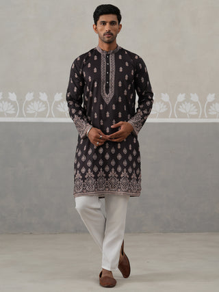 Men’s Ethnic Black Kurta Pajama Set with Traditional Print