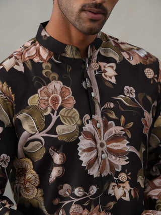 Men's Floral Printed Cotton Straight Kurta Pyjama Set