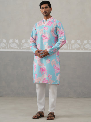 Men's Floral Printed Cotton Straight Kurta Pyjama Set